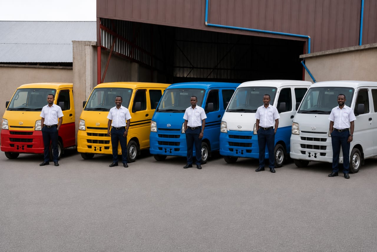 Frenno Transport's professionally managed fleet of commercial mini buses, with drivers standing by each vehicle